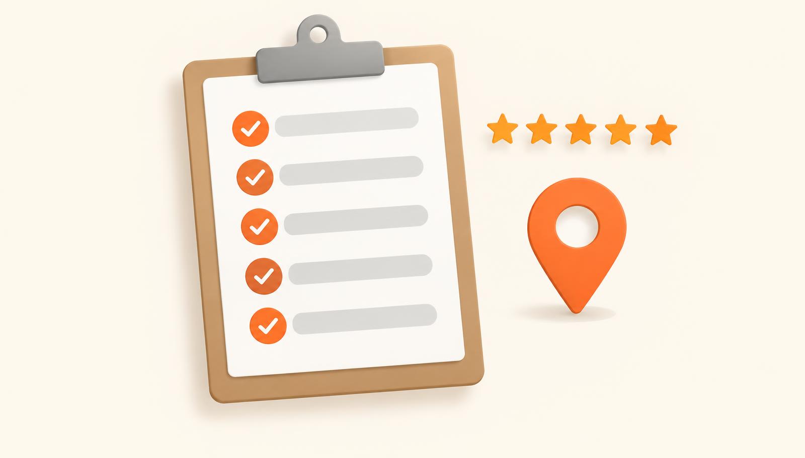 Illustration of a clipboard holding a checklist with five ticked items, beside a five-star rating and a map location pin, representing the five practical steps.