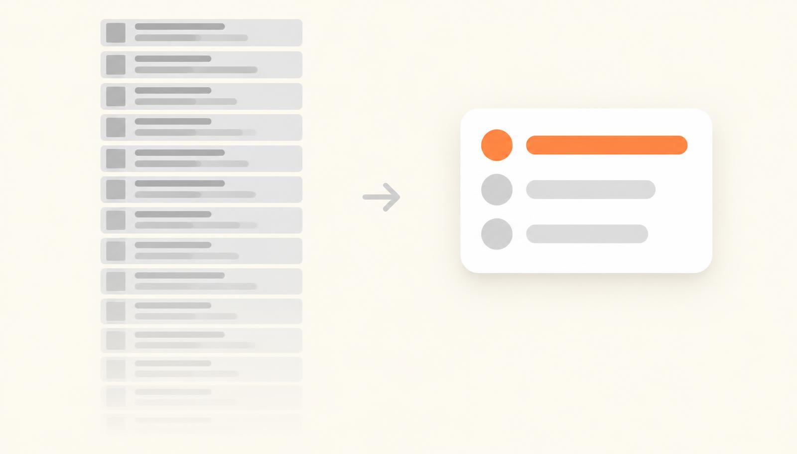 Illustration comparing a long, cluttered list of search results fading away with a single clean answer card showing three options, one highlighted in orange.